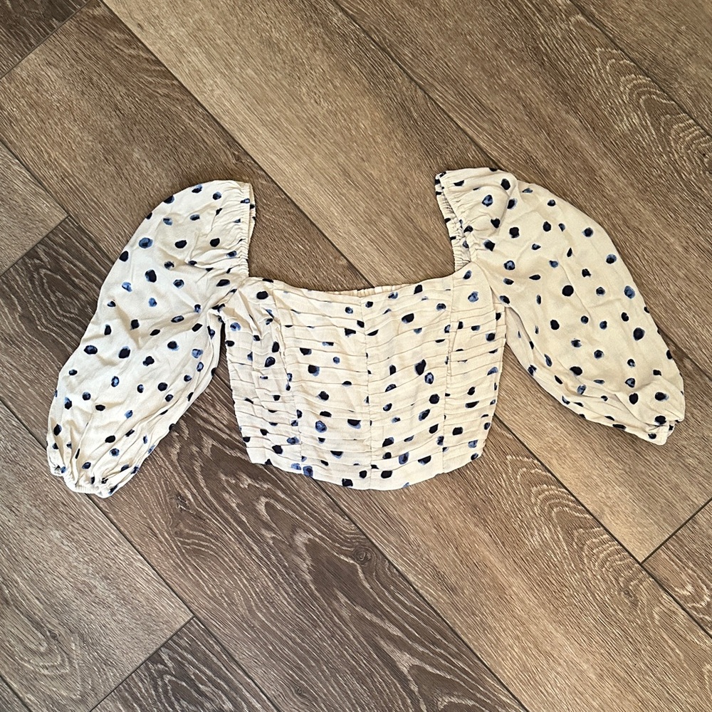 Wilfred Lolita Cream Blue Polka Dot Cropped Peasant Blouse Boho XS - Picture 4 of 9